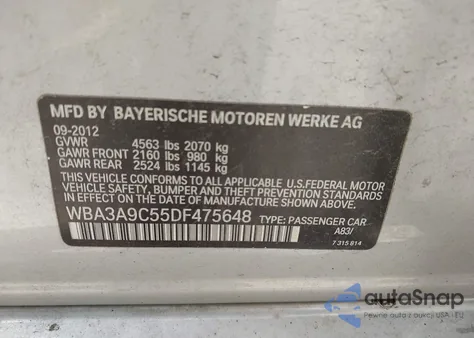 2013 BMW 335I z USA, uszkodzony, nr VIN WBA3A9C55DF475648